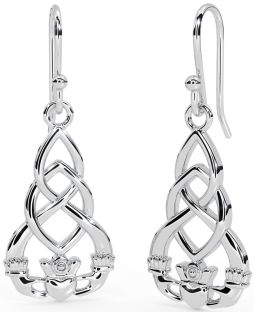 14K White Gold Solid Silver "Claddagh" Earrings