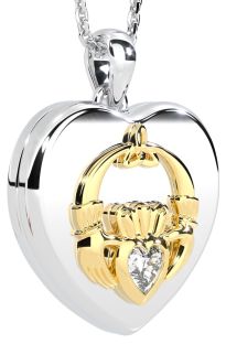 14K Two Tone Gold Solid Silver "Claddagh" Celtic Locket Pendant Necklace