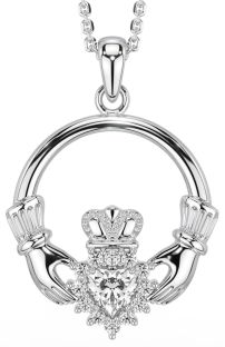 Diamond Silver Claddagh Pendant Necklace - April Birthstone