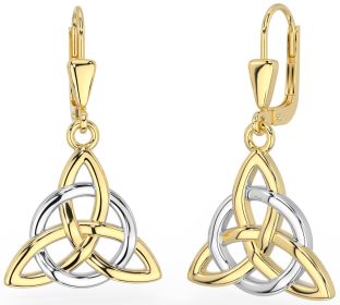 14K Two Tone Gold Solid Silver Irish "Celtic Knot" Dangle Earrings