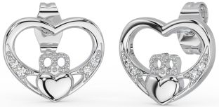 Silver Diamond Irish Claddagh Stud Earrings