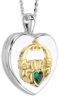 14K Two Tone Gold Emerald Solid Silver "Claddagh" Celtic Locket Pendant Necklace