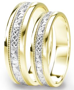 Yellow & White Gold Claddagh Celtic Wedding Band Ring Set