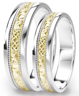 White & Yellow Gold Claddagh Celtic Wedding Band Ring Set