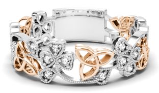 14K White & Rose Gold coated silver Diamond .13cts Shamrock Celtic Knot  Band Ring Unisex Mens Ladies