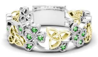 White & Yellow Gold Emerald .13cts Shamrock Celtic Knot  Band Ring Unisex Mens Ladies