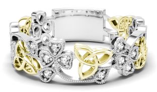 14K White & Yellow Gold coated silver Diamond .13cts Shamrock Celtic Knot  Band Ring Unisex Mens Ladies