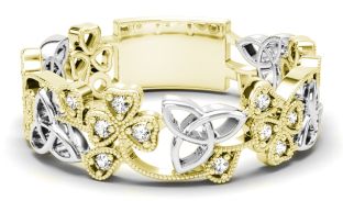 Yellow & White Gold Diamond .13cts Shamrock Celtic Knot  Band Ring Unisex Mens Ladies