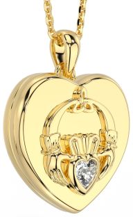 14K Gold Silver Diamond Irish "Claddagh" Heart Locket Pendant Necklace