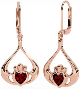 Garnet Rose Gold Silver Claddagh Dangle Earrings