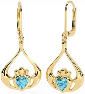 Aquamarine Gold Claddagh Dangle Earrings