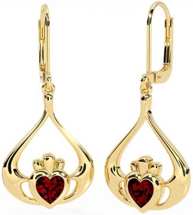 Garnet Gold Claddagh Dangle Earrings