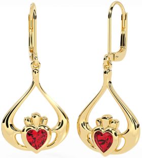 Ruby Gold Claddagh Dangle Earrings