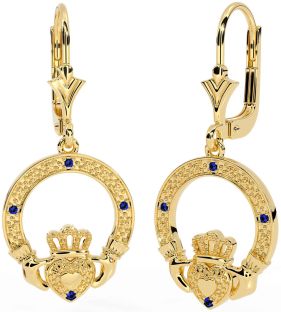 Sapphire Gold Claddagh Dangle Earrings