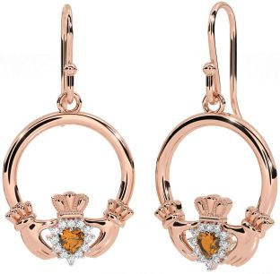 Diamond Citrine Rose Gold Silver Claddagh Dangle Earrings