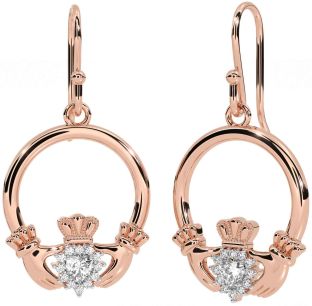 Diamond Rose Gold Silver Claddagh Dangle Earrings