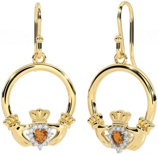 Diamond Citrine Gold Silver Claddagh Dangle Earrings