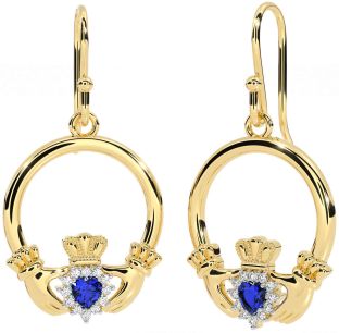 Diamond Sapphire Gold Silver Claddagh Dangle Earrings