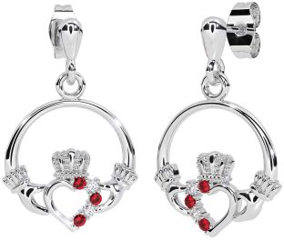 Diamond Ruby Silver Claddagh Dangle Earrings