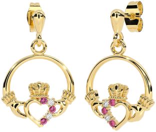 Diamond Pink Tourmaline Gold Claddagh Dangle Earrings