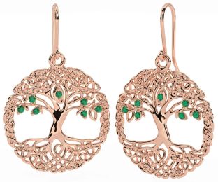 Emerald Rose Gold Silver Celtic Tree of Life Dangle Earrings