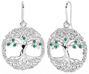 Emerald Silver Celtic Tree of Life Dangle Earrings