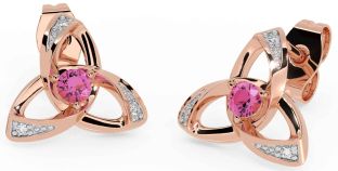 Diamond Pink Tourmaline Rose Gold Silver Celtic Trinity Knot Stud Earrings