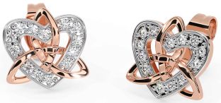 Diamond Rose Gold Silver Celtic Trinity Knot Heart Stud Earrings