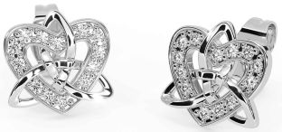 Diamond Silver Celtic Trinity Knot Heart Stud Earrings