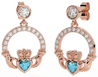 Diamond Aquamarine Rose Gold Claddagh Dangle Earrings