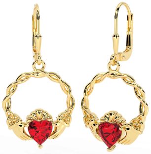 Ruby Gold Silver Celtic Claddagh Trinity Knot Dangle Earrings