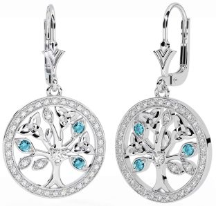 Diamond Aquamarine Silver Celtic Tree of Life Trinity Knot Dangle Earrings
