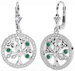 Diamond Emerald Silver Celtic Tree of Life Trinity Knot Dangle Earrings