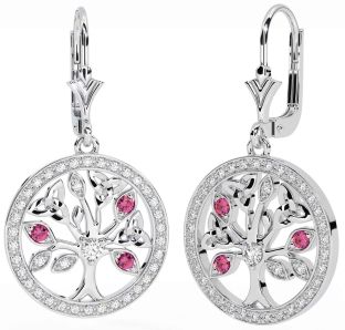 Diamond Pink Tourmaline Silver Celtic Tree of Life Trinity Knot Dangle Earrings