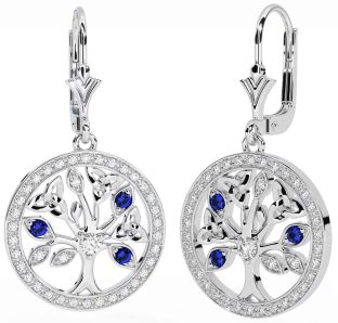 Diamond Sapphire Silver Celtic Tree of Life Trinity Knot Dangle Earrings