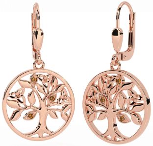 Citrine Rose Gold Silver Celtic Tree of Life Trinity Knot Dangle Earrings