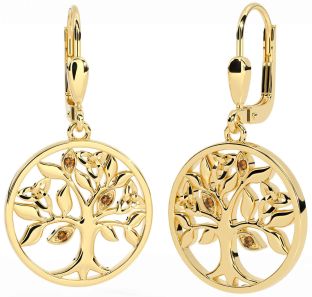 Citrine Gold Silver Celtic Tree of Life Trinity Knot Dangle Earrings