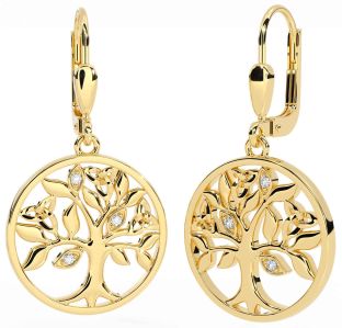 Diamond Gold Silver Celtic Tree of Life Trinity Knot Dangle Earrings