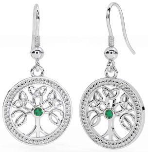 Emerald Silver Celtic Tree of Life Trinity Knot Dangle Earrings
