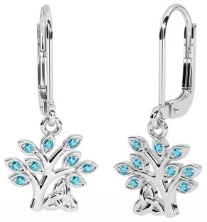 Aquamarine Silver Celtic Tree of Life Trinity Knot Dangle Earrings