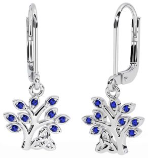Sapphire Silver Celtic Tree of Life Trinity Knot Dangle Earrings