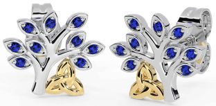 Sapphire White Yellow Gold Celtic Tree of Life Trinity Knot Stud Earrings