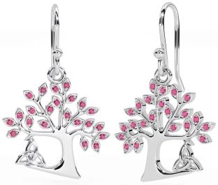 Pink Tourmaline Silver Celtic Tree of Life Trinity Knot Dangle Earrings