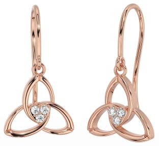 Diamond Rose Gold Silver Celtic Trinity Knot Dangle Earrings