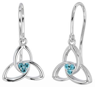 Aquamarine Silver Celtic Trinity Knot Dangle Earrings