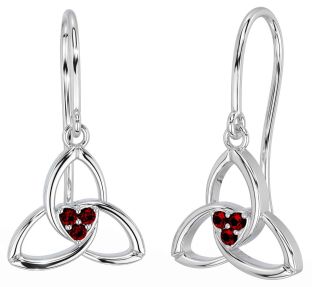 Garnet Silver Celtic Trinity Knot Dangle Earrings