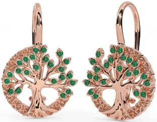 Emerald Rose Gold Celtic Tree of Life Trinity Knot Dangle Earrings