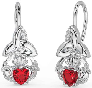 Diamond Ruby Silver Claddagh Celtic Trinity Knot Dangle Earrings