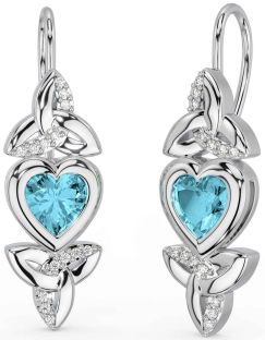 Diamond Aquamarine Silver Celtic Trinity Knot Heart Dangle Earrings