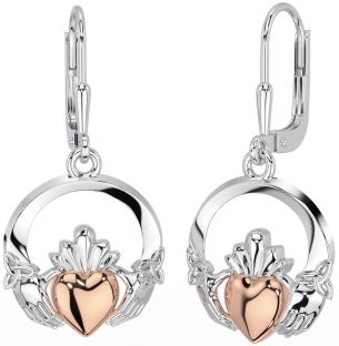 Rose Gold Silver Claddagh Celtic Trinity Knot Dangle Earrings